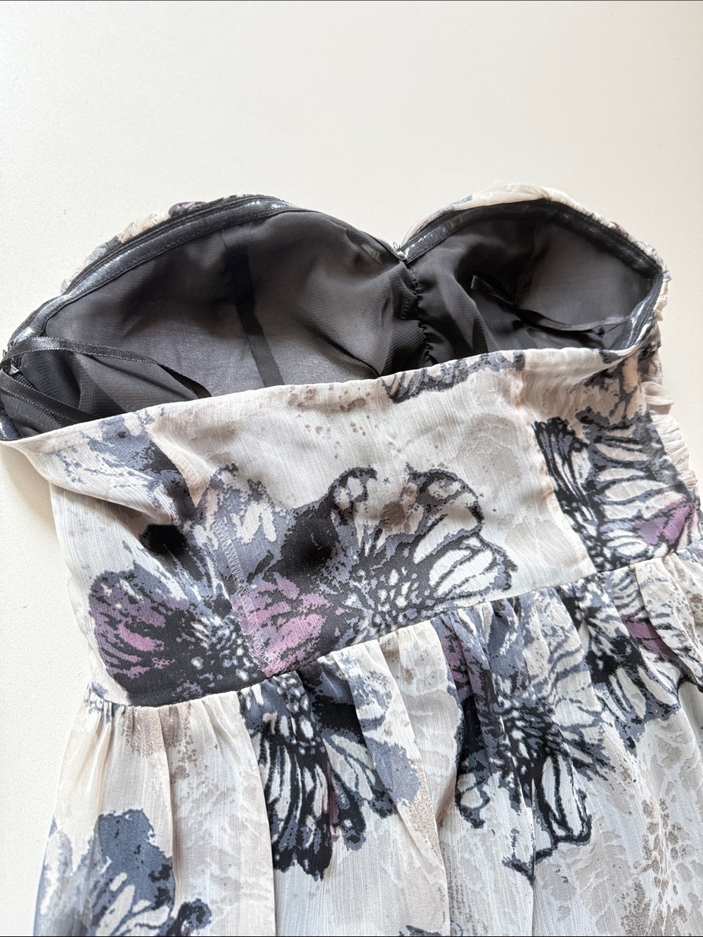 C. Luce Strapless Floral Empire Waist Mini Dress, Ruffle Hem, Size M - Picture 6 of 15